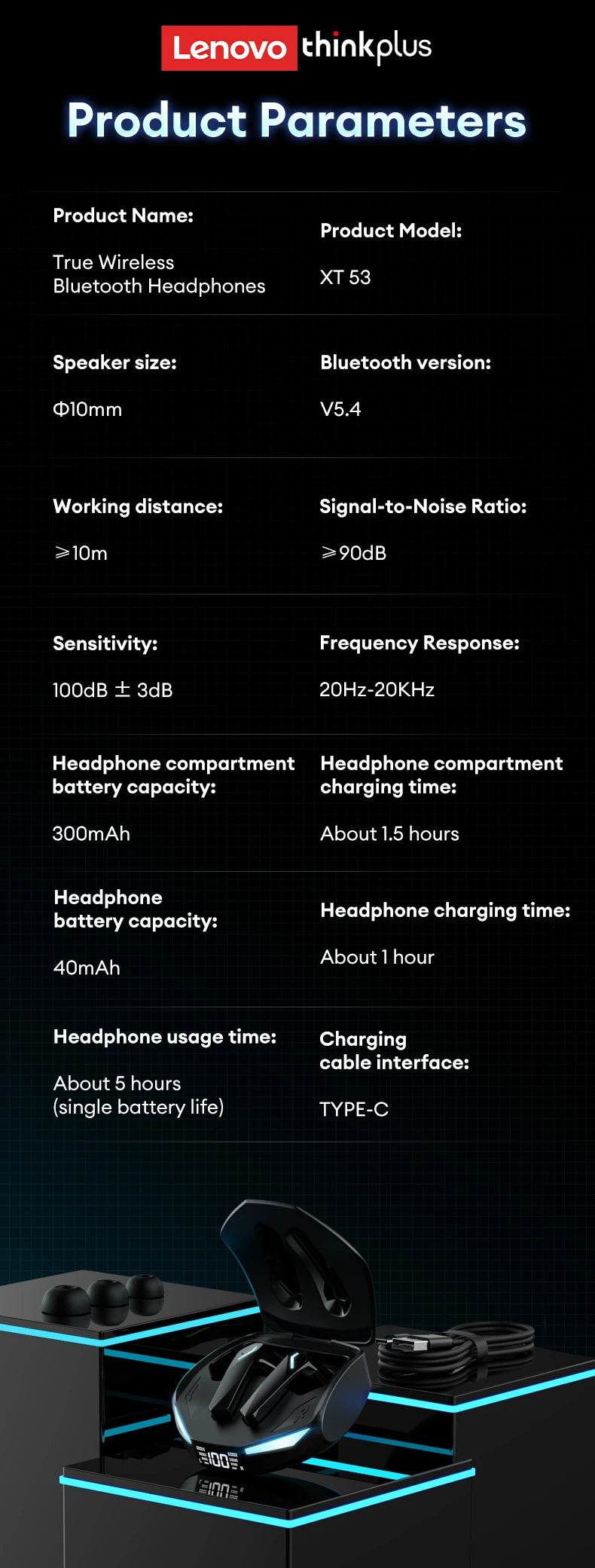 New Lenovo XT53 Wireless Bluetooth 5.4 Earphones LED Digital Display Waterproof Earbuds Noise Cancelling Gaming Headset