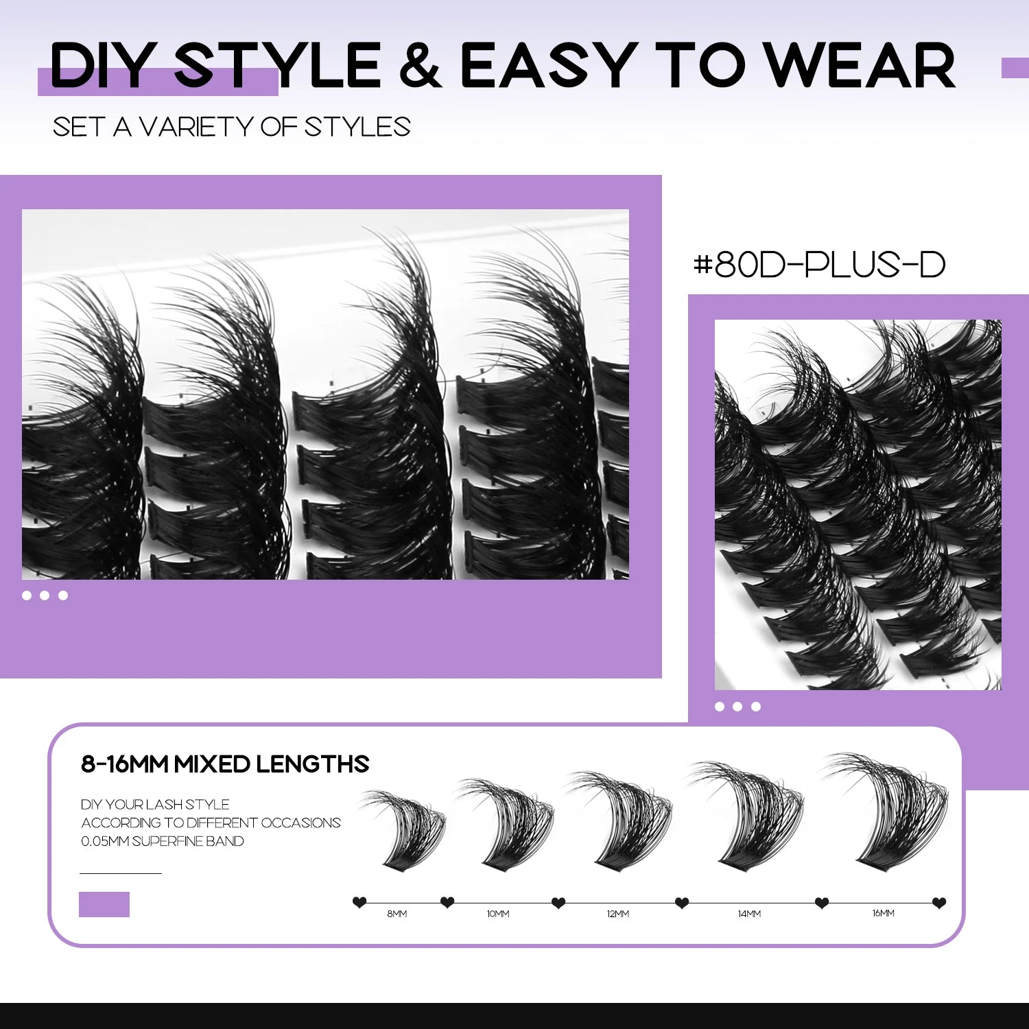 GROINNEYA DIY Eyelashes Lashes Clusters Kit Mix Wispy Individual Lashes Extensions Clusters Lashes Lash Bond & Seal Makeup