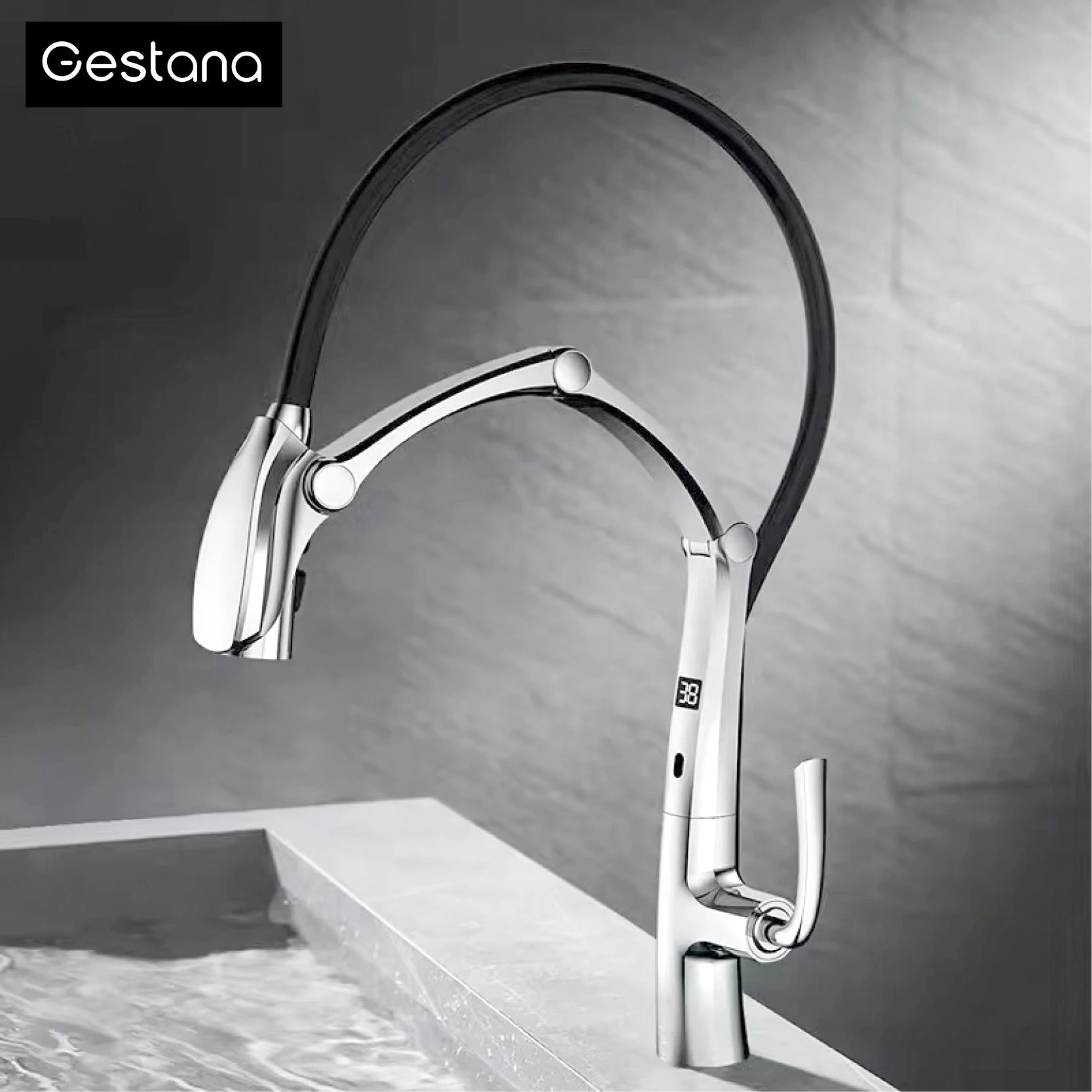 Luxury Gunmetal Brass Kitchen Faucet with LED Display,Sensor&Pull-Out 3-Function Spray,Touchless High Pressure Water-Saving Tap
