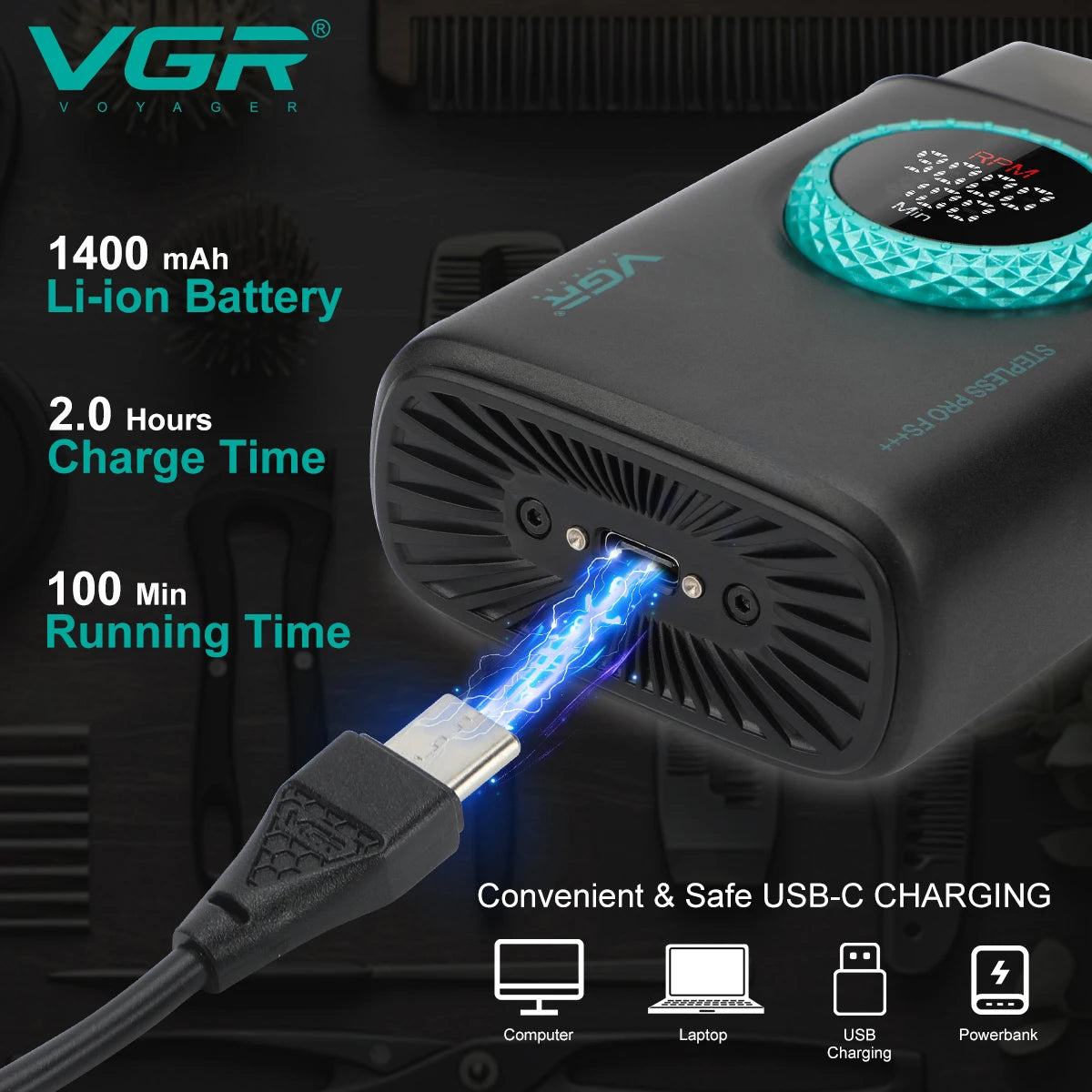 VGR high-end men's shaver alloy reciprocating three blade shaver LED intelligent digital display 9000 speed hair trimmer V-378