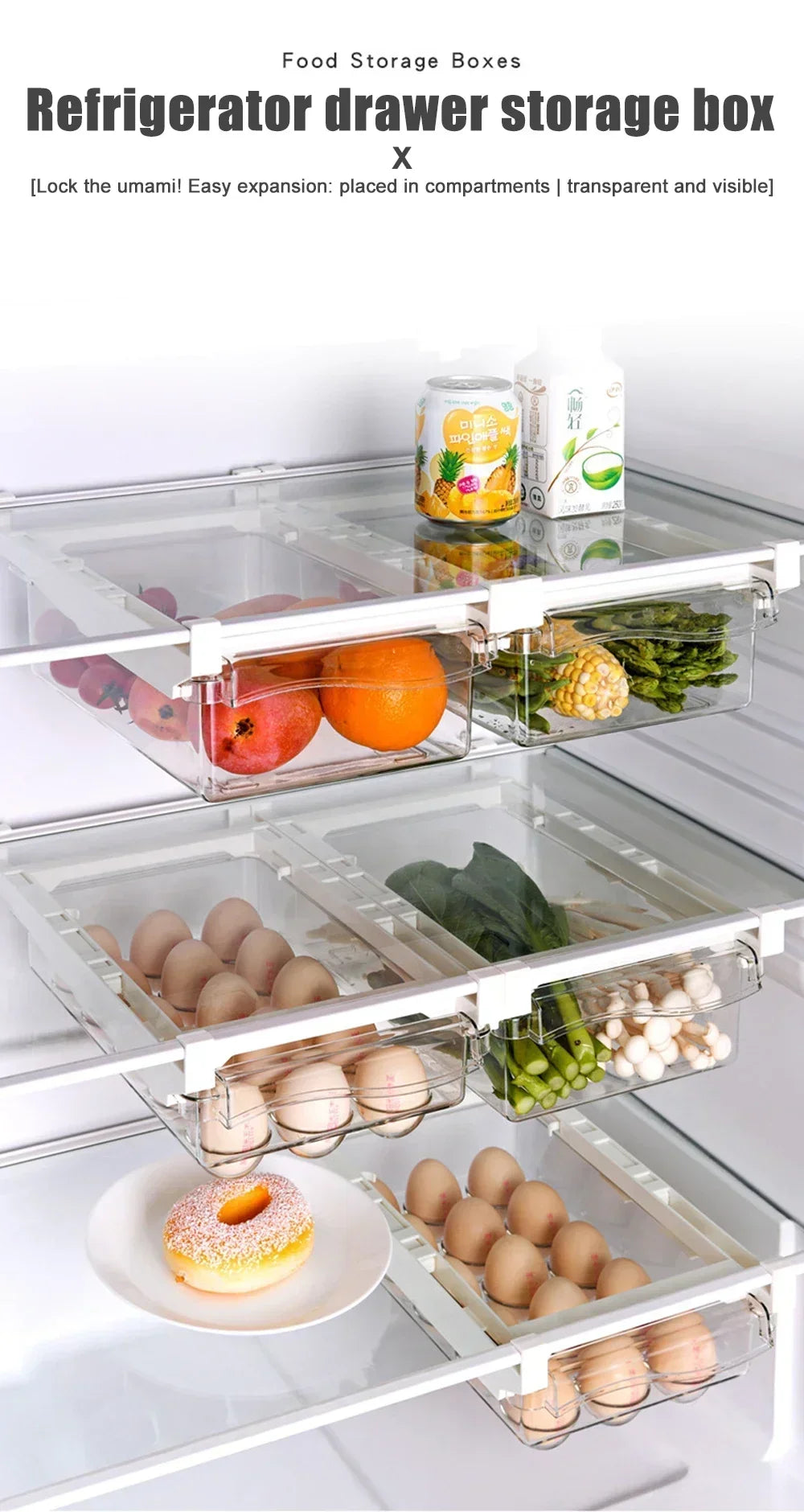 Transparent Fridge Organizer Fruit Egg Refrigerator Storage Box Under-shelf Refrigerator Drawer Box Fresh-keep Kitchen Organizer