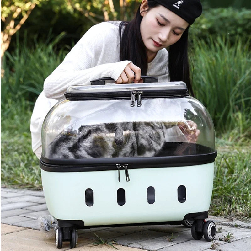 Fashion Transparent Cat Cage Large Capacity Pet Suitcase Breathable Cat Carriers Pull Rod/Handheld Dual Use Cat Transport Cart