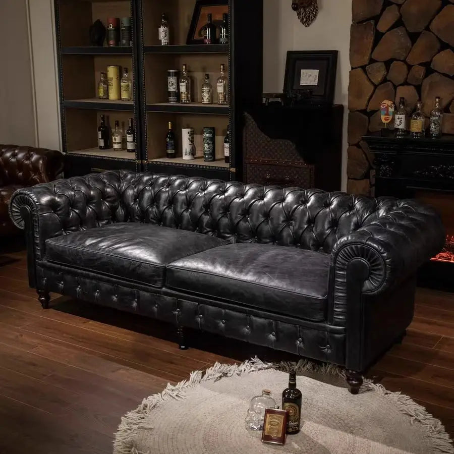 American classic tufted sofa, vintage cigar bar whiskey straight row sofa, oil wax leather café sofa