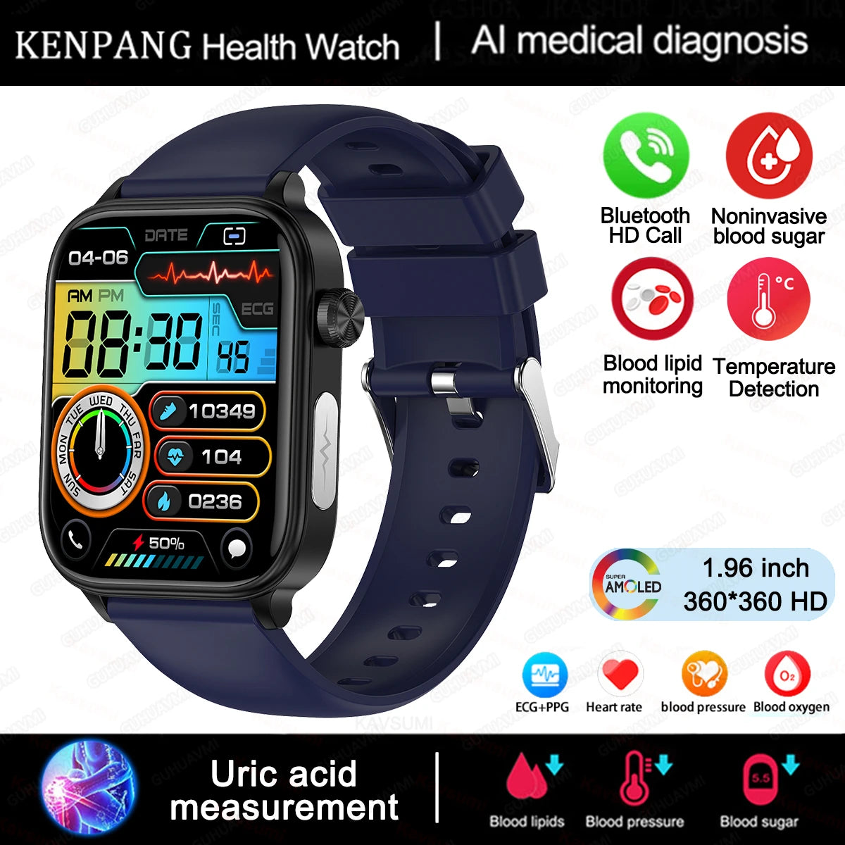 2024 New ECG+PPG Medical Grade Smart Watch Men Blood Glucose Blood Lipid Uric Acid Monitoring Bluetooth Call Health Smartwatches
