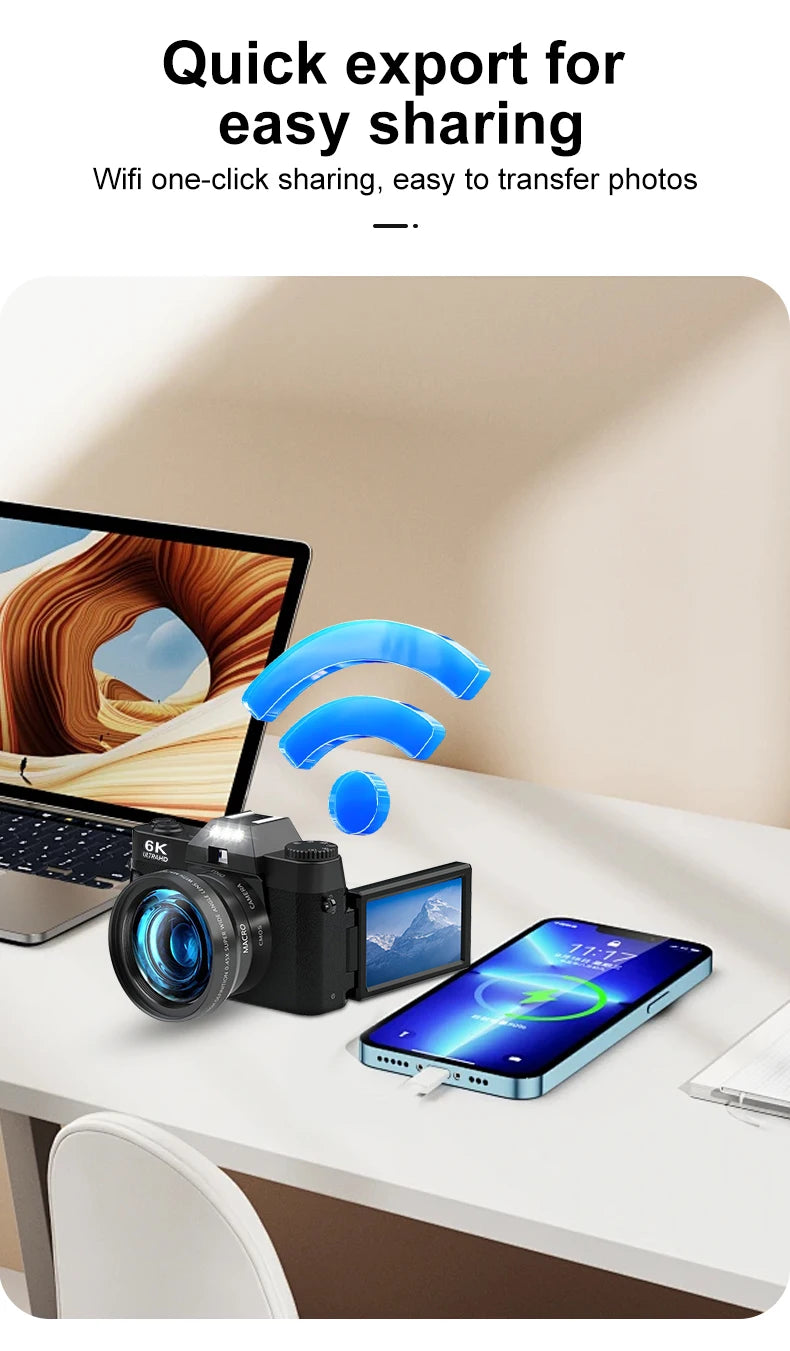 6K Digital Photography Camera 16X Digital Zoom 64MP Vintage Vlog Video Recorder YouTube 180° Flip Screen WiFi Web Cam With Flash