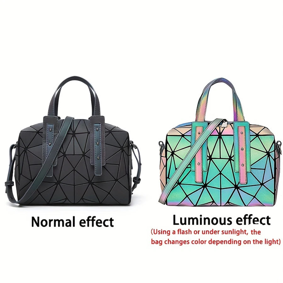 Ladies' geometric diamond handbag, luminous shoulder bag, large-capacity Boston bag, foldable women shoulder crossbody bag