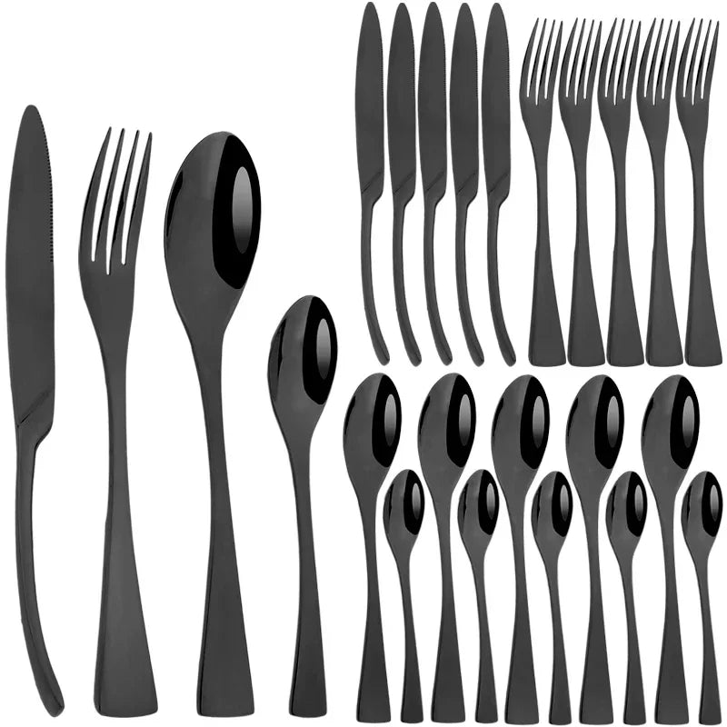 24Pcs/Set  Cutlery Sets 304 Stainless Steel mirror Tableware Knife Forks Spoons Silverware Dinnerware Kitchen Flatware Gift Box