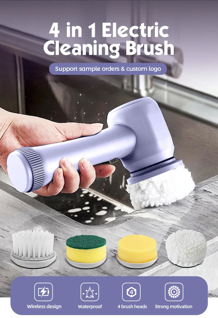 4-in-1 Multifunctional Electric Brush for Cleaning Sinks, Windows, Etc.-USB Charging, Rotating Sponge and Wire Brush