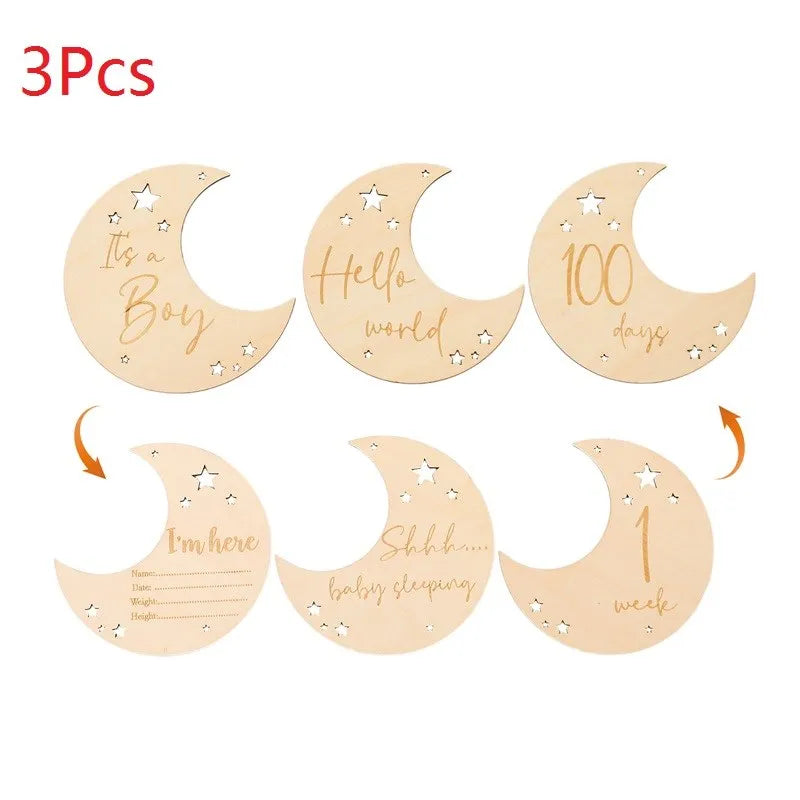 Baby Wooden Memorial Monthly Cards Moon Shape Monthly Newborn Engraved Age Photography Props Accessories Baby Birthing Gift