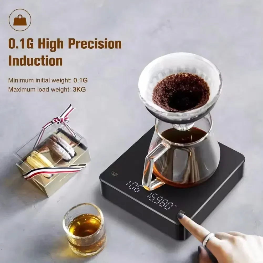 Digital Rechargeable Coffee Scale with Timer 3kg Max 0.1g Precision LED Screen USB Espresso Kitchen Scale for Brewing