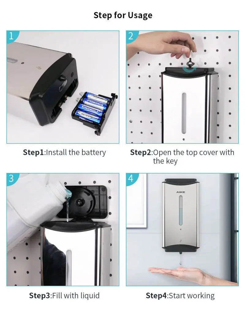 AIKE 1100ML Automatic Liquid Soap Dispenser Bathroom Hand Sanitizer Liquid Dispenser Stainless Steel Wall Mounted Soap Dispenser