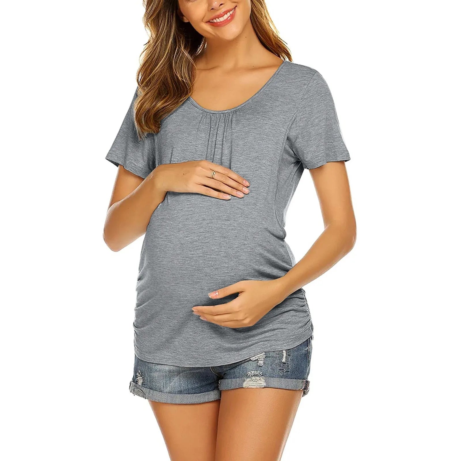 Womens Pregnant Maternity Clothes Nursing Tops Breastfeeding T-shirt Pregnancy Maternity Tops Tees Soild Colour Summer Shirt