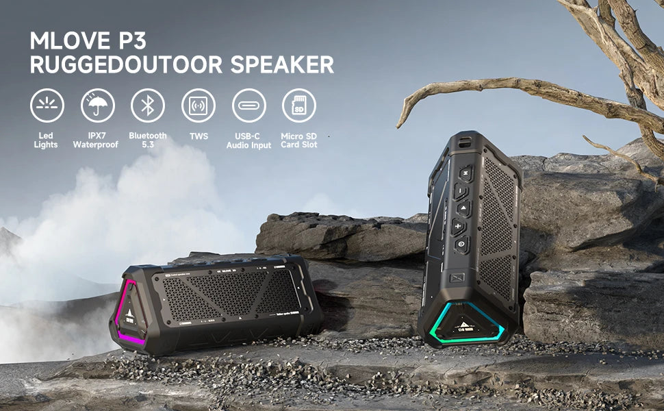 MLOVE P3 Outdoor Bluetooth Speaker, 40W Output Power Bluetooth 5.3 Speaker ,Stereo Sound IPX7 Waterproof,Micro SD Card,RGB Light