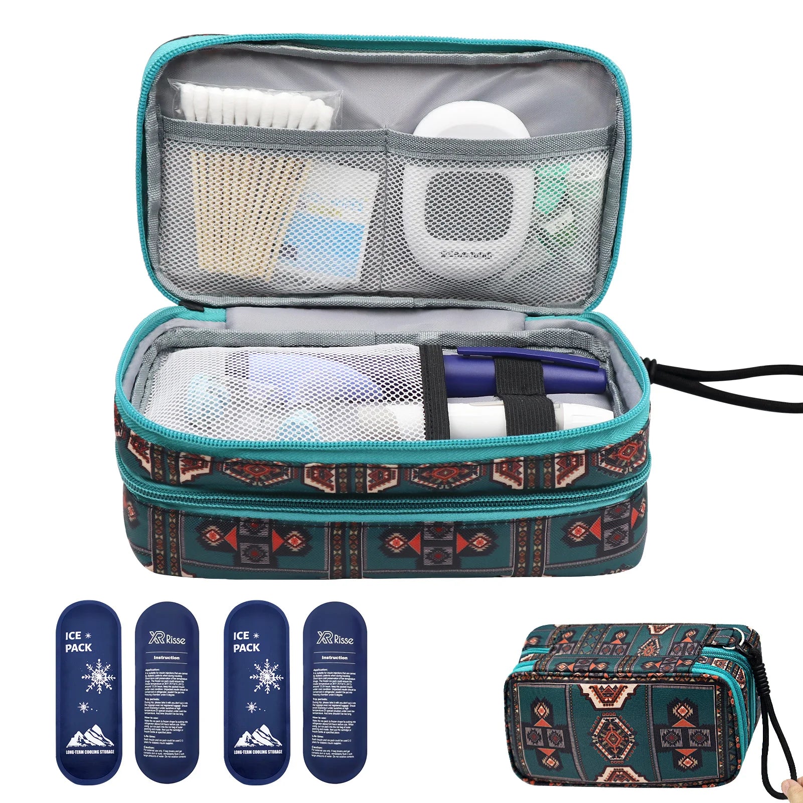 Insulin Cooler Bag with Ice Packs, Travel Medicine Organizer for Diabetes, Double Layer Storage Case