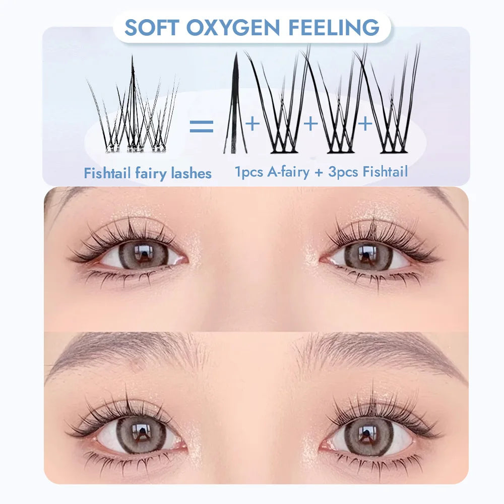 Glue-free False Eyelashes, Fishtail Princess Lazy Eyelashes, Natural Transparent Stem, Reused 48 Clusters Large Capacity