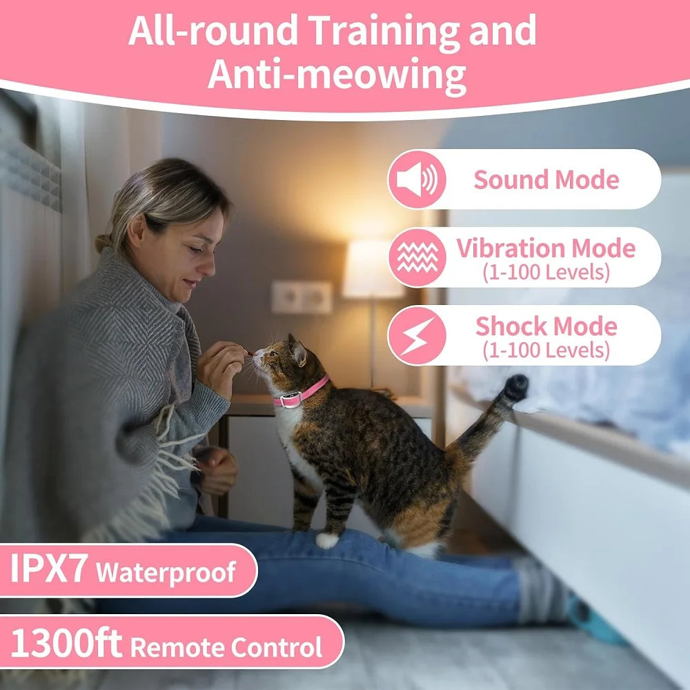 PaiPaitek Cat Training Collar,Cat Shock Collar with Remote ,Cat Stop Meowing Collar, Remote Control/Automatic Anti-Meow for Cats