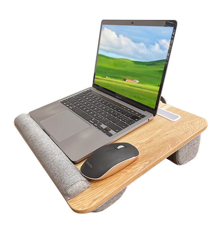 Mumucc Wooden Suspended Bed Study Table, Portable 15 Inch Laptop Desk With Handle, Sponge Cushion AND ABS Slot,Black,Khaki,Brown