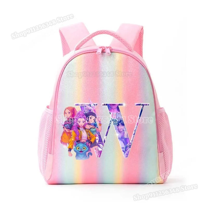 Anime K-pop Demon Hunters Letter A-Z Print Kids Backpack Girls Lightweight Casual School Back Pack Rainbow Color Mochilas Gifts