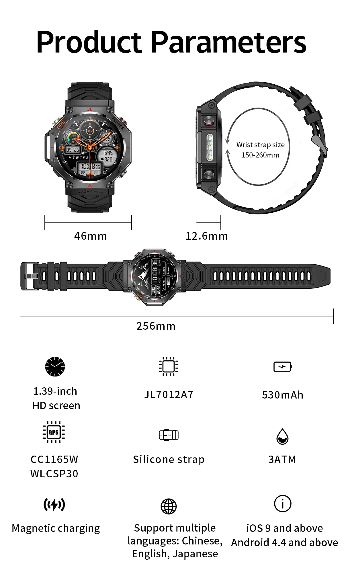Military Smart Watch T-Rex 3 Bulit-in GPS Compass Altimeter Barometric 10ATM IP69K Waterproof AMOLED Bluetooth Call Smart watch