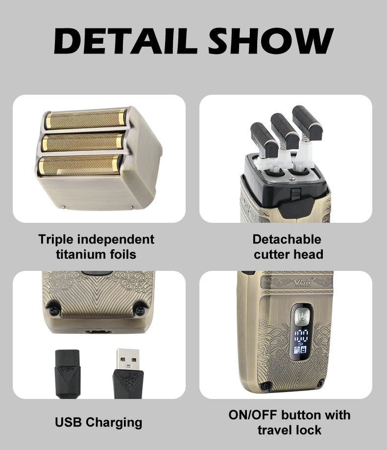 VGR Shaver Professional Electric Razor Shaving Machine Waterproof Beard Trimmer Metal Razor Digital Display Shaver for Men V-335