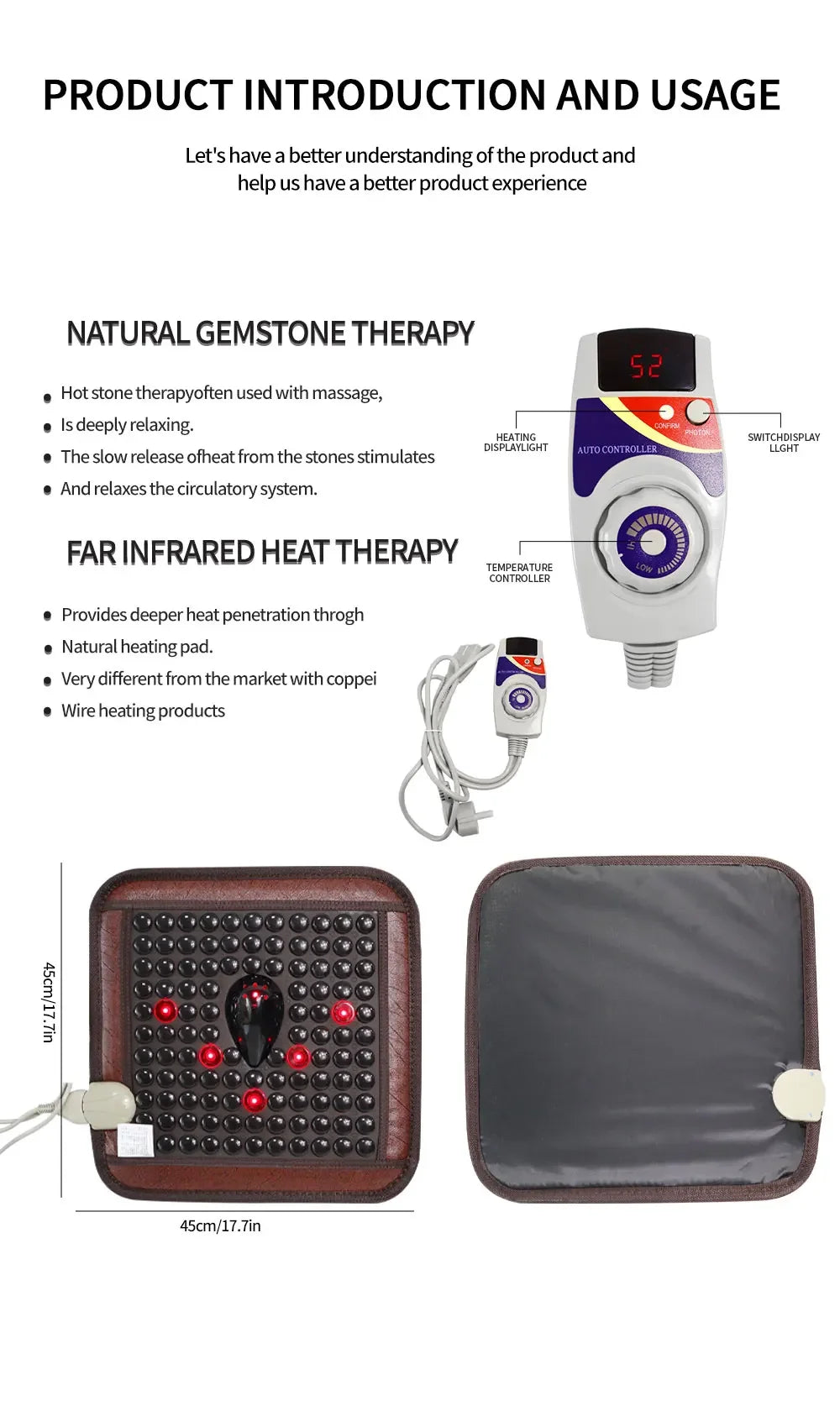 Infrared Photon Heating Tourmaline Jade Cushion Jade Massage Mat Square Cushion 45x45cm Acupoint Massage Relieves Pain