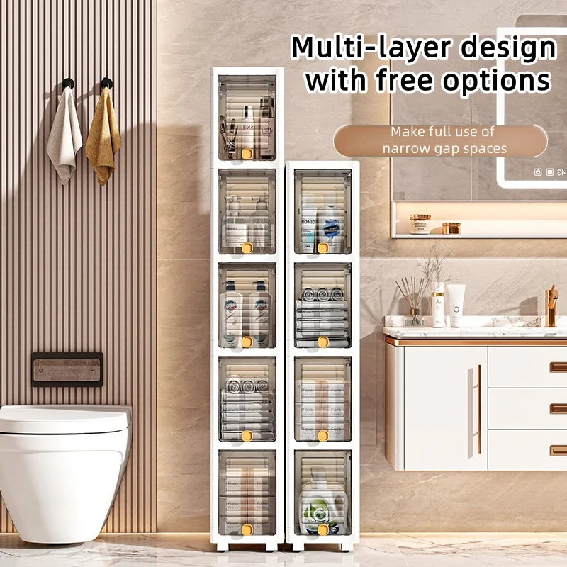19cm Narrow Cabinet with Flip Lid  Large Capacity Adjustable Shelves Organizer for Kitchen Bathroom Bedroom Living Room