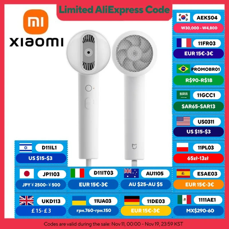 XIAOMI MIJIA Negative Ionic Hair Dryer H300,Constant temperature 57°C,Professional 1600W Blow Dryer,220V CN Version With Adapter