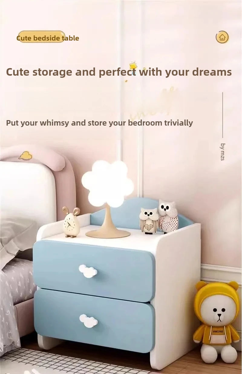 Modern Nightstand with Double Drawers Cute Kid's Bedside Table Multi-Functional White Cabinet for Girls' Bedrooms