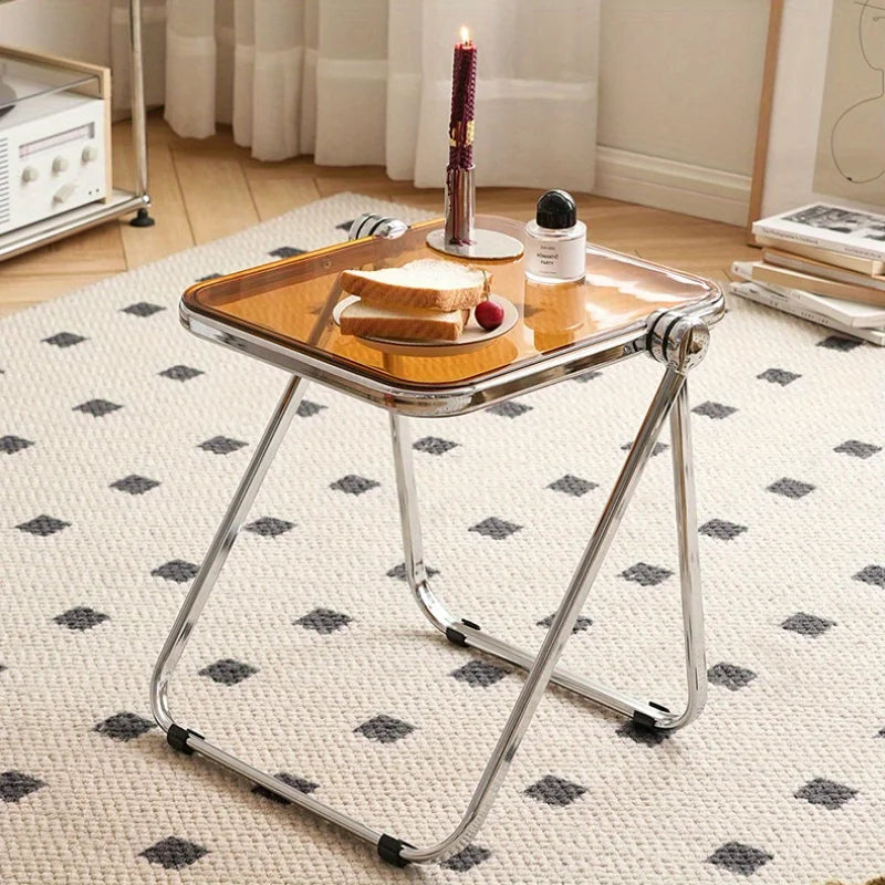 Transparent Folding Sofa side table Modern Coffee Table with Metal Frame, Ideal for Living Room Bedroom Compact Storage