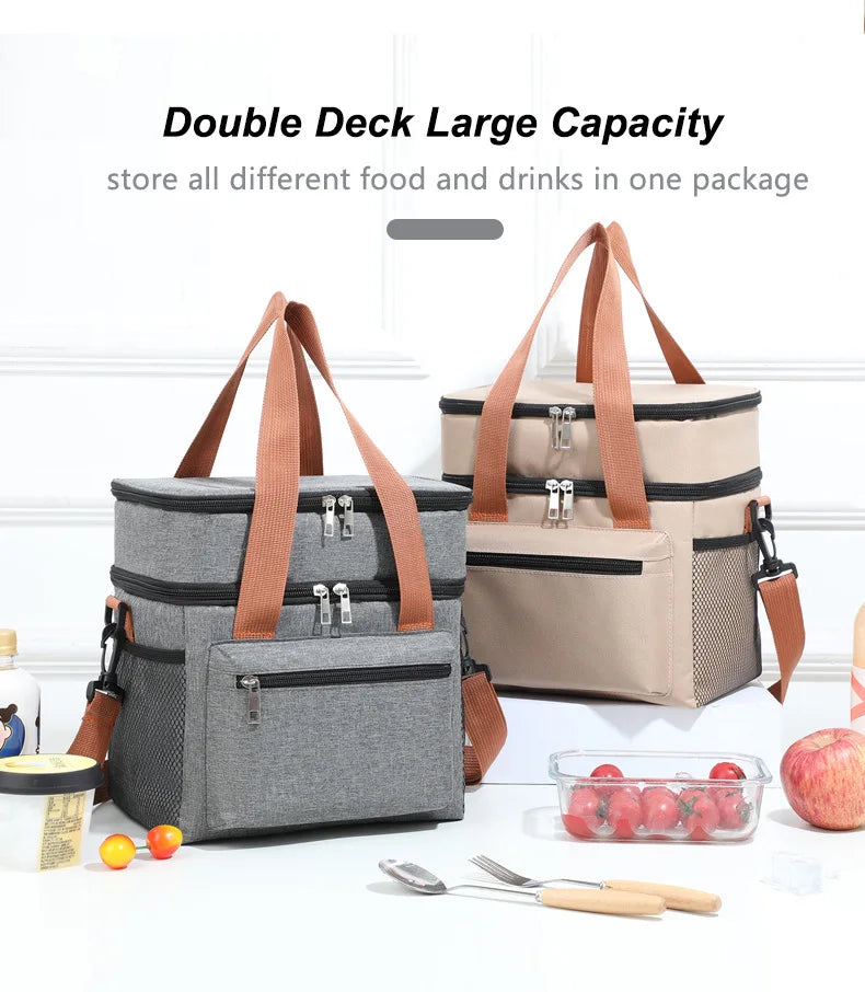 1PC Large Capacity Lunch Bag Double Layers Thermal Insulation Picnic Bag Food Drink Storage Tote With Shoulder Strap Cooler Bags