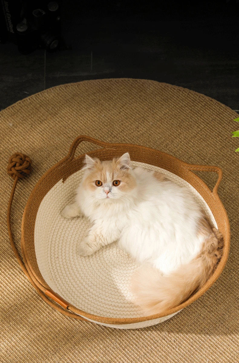 Cat Bed Handmade Rattan Woven Pet Nest Removable Washable Warm Pad All-Season Cat Scratch Board Winter Warm Cat House for Cats