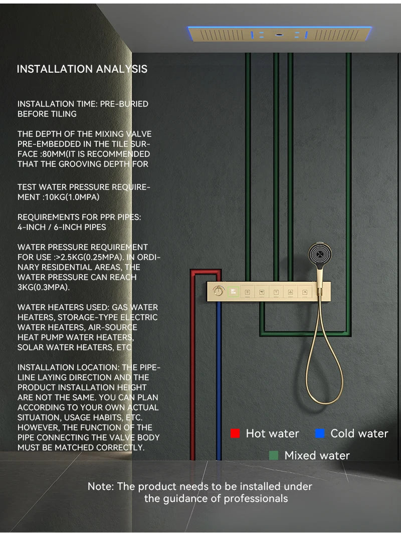 Luxury Ceiling Shower System Set Concealed Thermostatic Brass Digital Display Hydro Generator Rainfall  with Light and Bluetooth