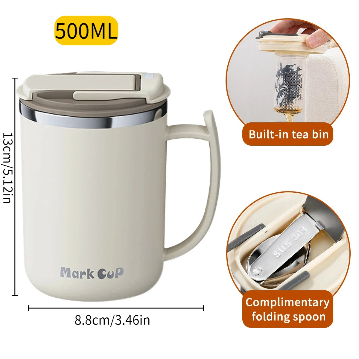 500ml Double-layer Mug 304 Stainless Steel Insulated Coffee Cup With Handle Portable Sealed Water Cup Drinkware For Student Kid