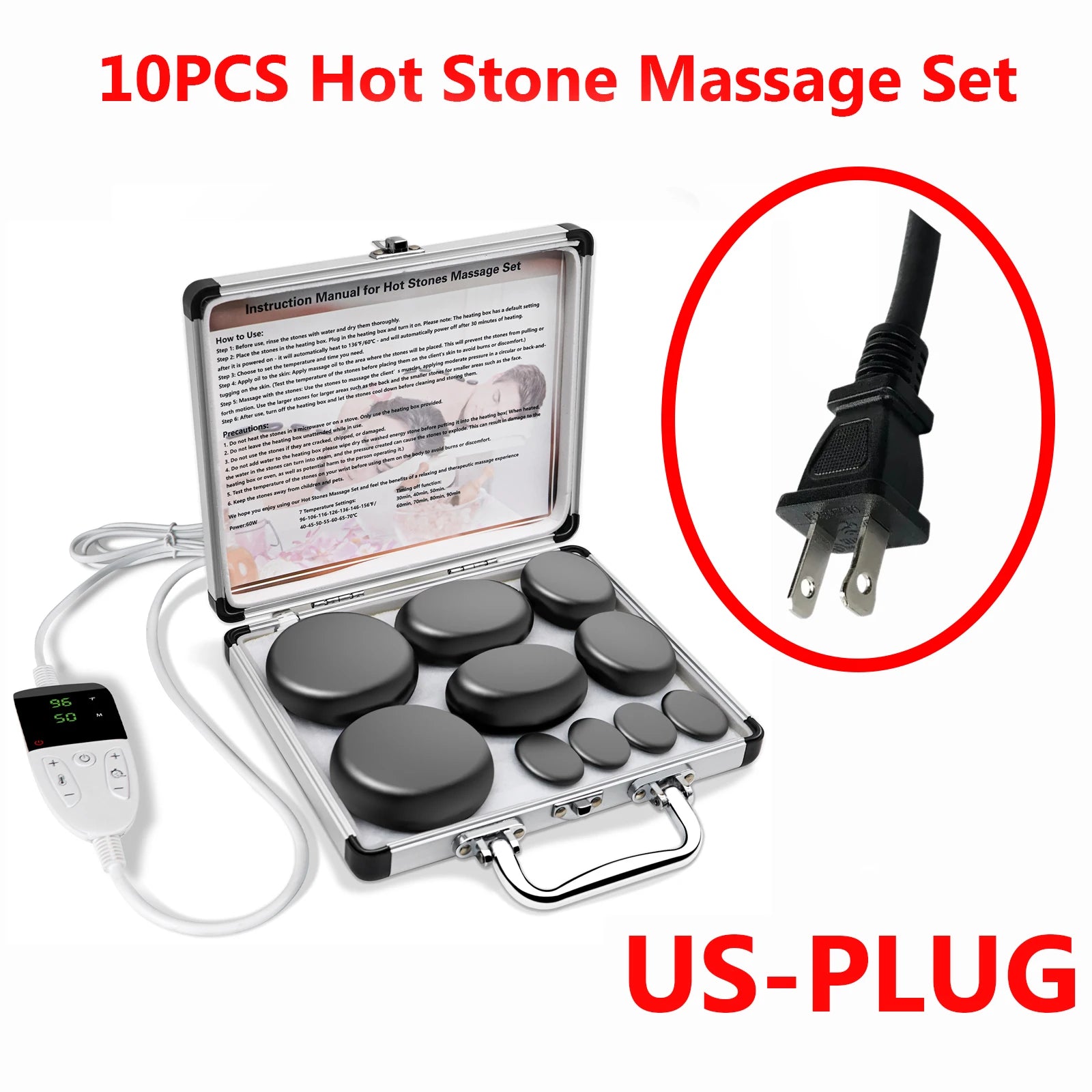 HOT STONE MASSAGE SET WITH TEMPERATURE ADJUSTMENT - Hot Stone Massage Set with Heater, Professional Spa Massage Tool - For Neck,