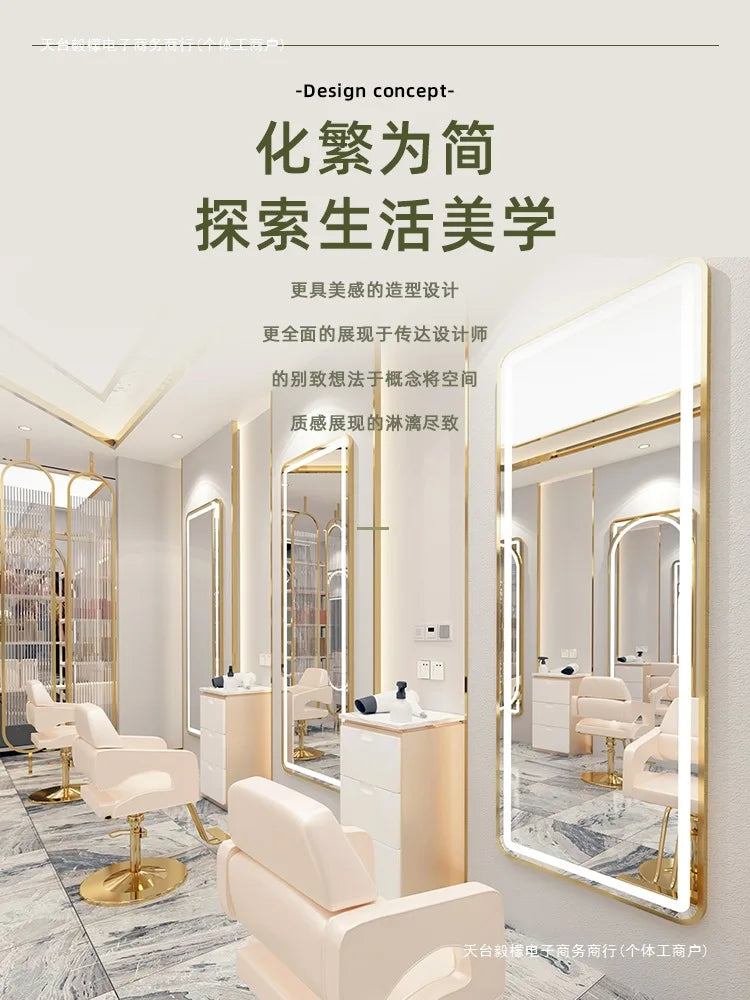 Wall-mounted simple hairdresser floor mirror LED perm and dyeing mirror table touch