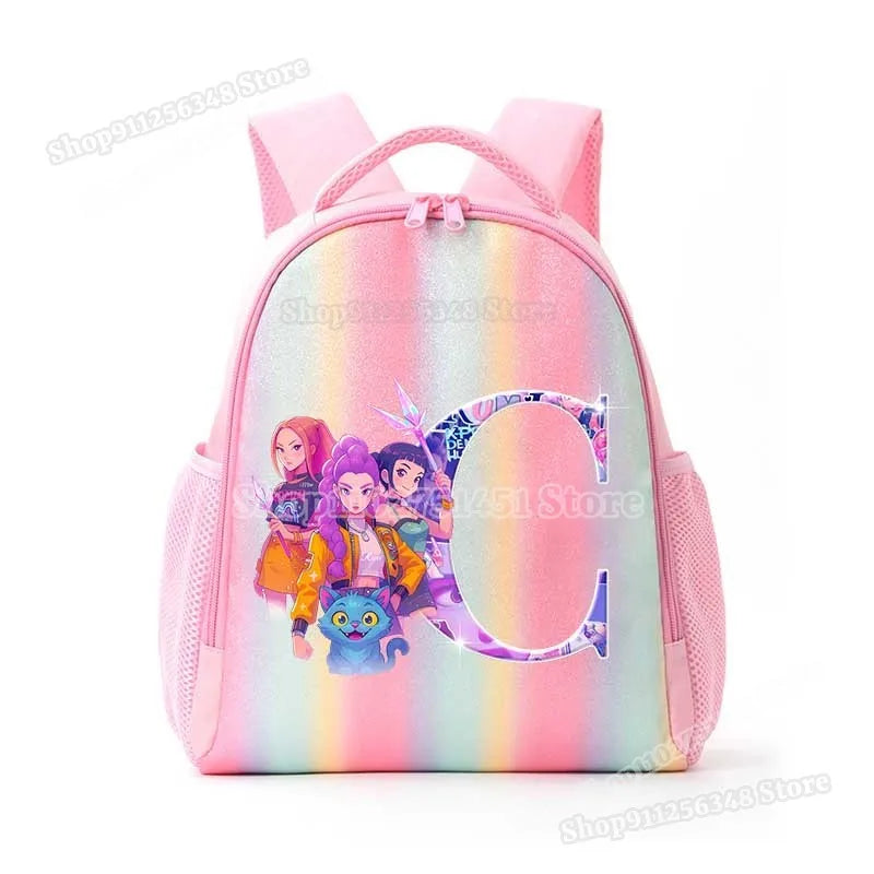 Anime K-pop Demon Hunters Letter A-Z Print Kids Backpack Girls Lightweight Casual School Back Pack Rainbow Color Mochilas Gifts