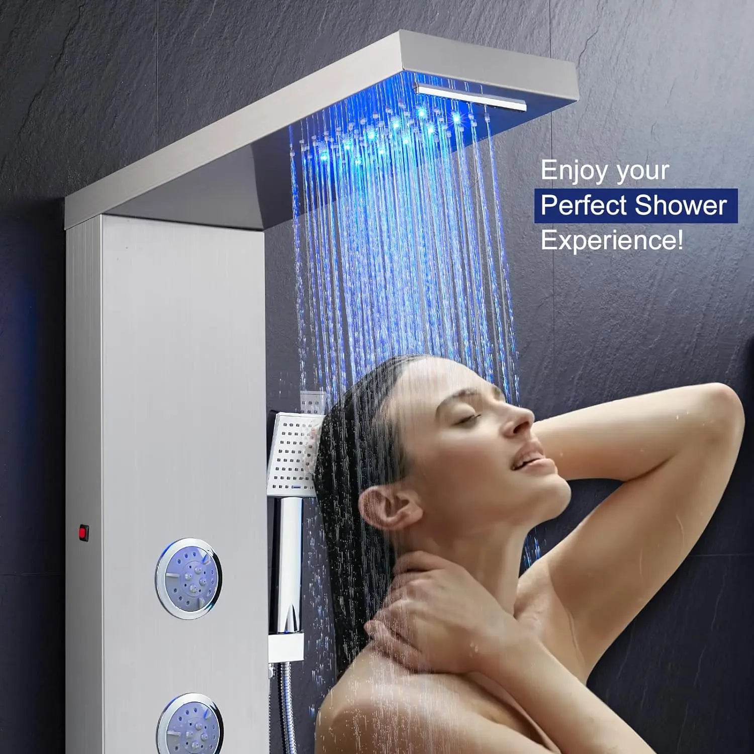 KEMAIDI LED Shower Panel Tower System with Rainfall Waterfall Shower Black Shower Panels with Jets and Rainfall and Handheld