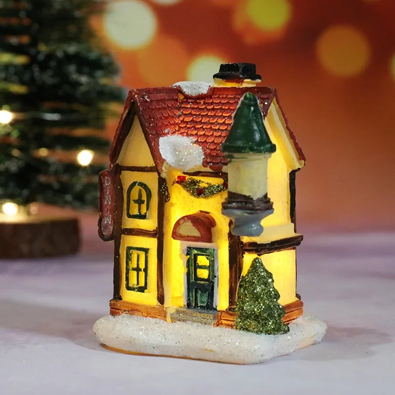 Christmas Decoration House LED Light Xmas Durable Ornaments Small Resin Mini House Miniature Village Building for Home Kids Gift