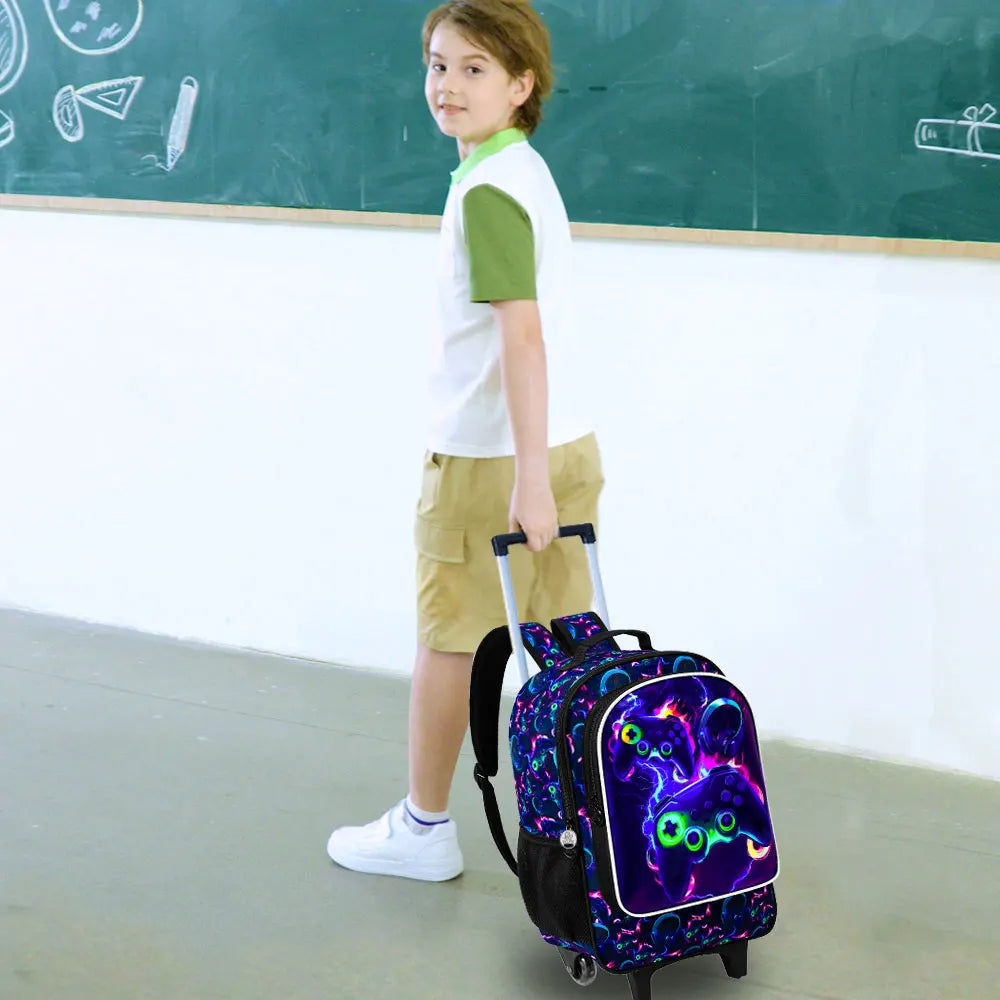 Rolling Backpack for Boys, 3PCS Kids Roller Bookbag with Lunch Bag, Wheeled School Bag for Children - Game Console