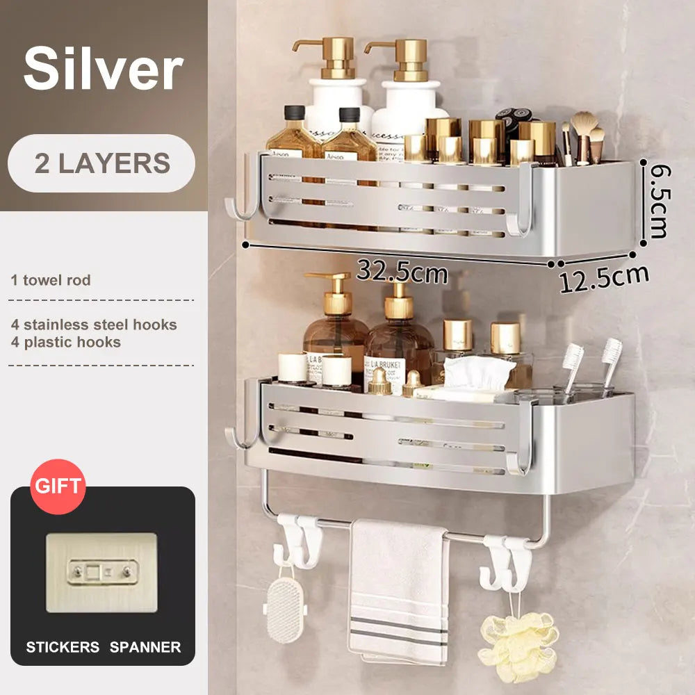 1-2PCS Bathroom Corner Shelf with Plastic Hook Towel Bar No Drill Space Aluminum Shower Storage Rack Bathroom Organizer