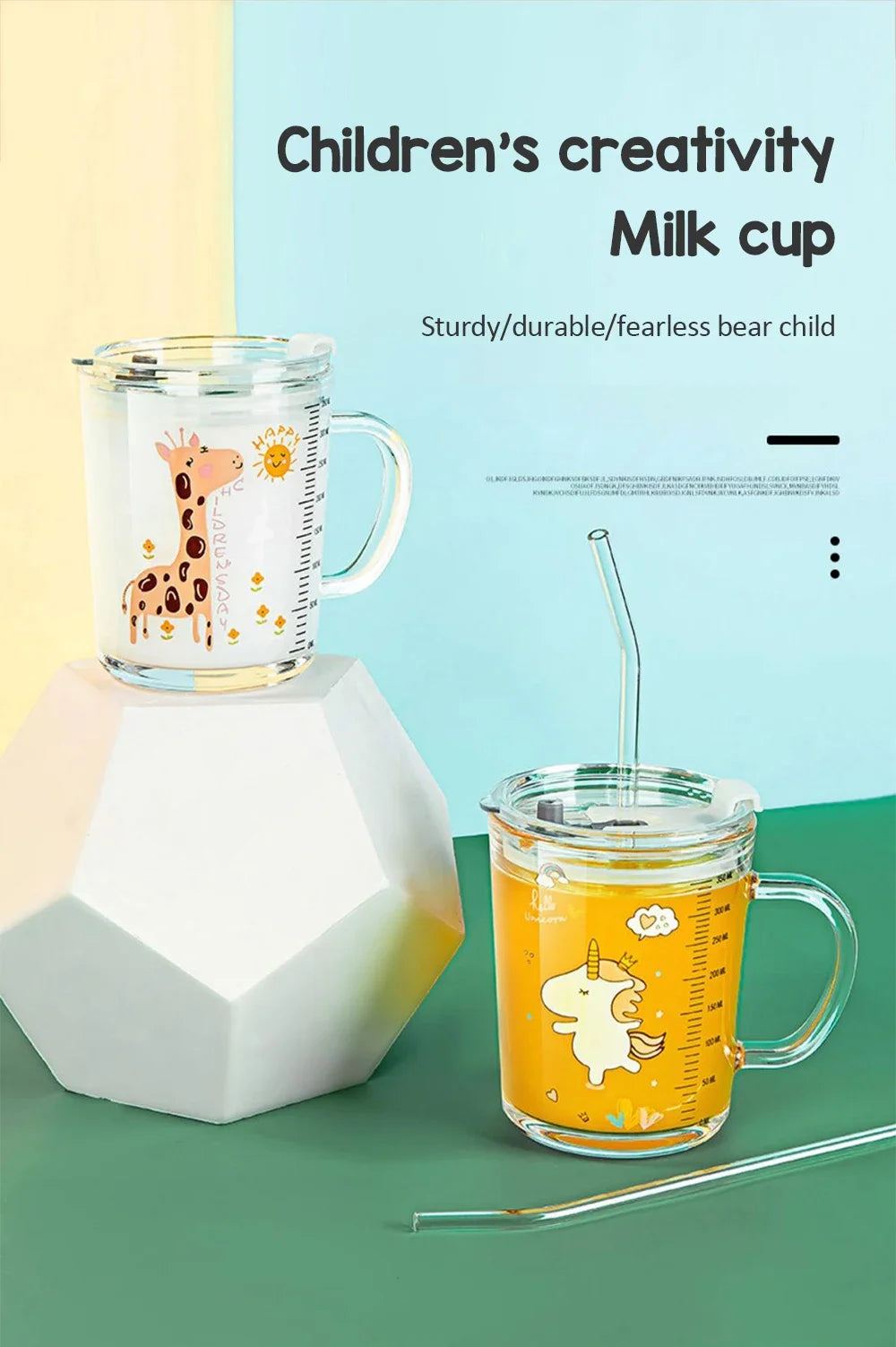 350ml Cute Unicorn Children Milk Cup With Scale Transparent Breakfast Cup With Straw Lid Cartoon Glass Cup For Kids Drinkware
