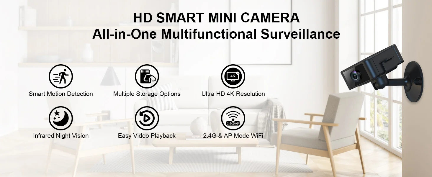Indoor 4K Security Mini Camera Night Vision 4H Battery Life Motion Detection Alerts SD/Cloud Storage Phone App Control Baby Cam