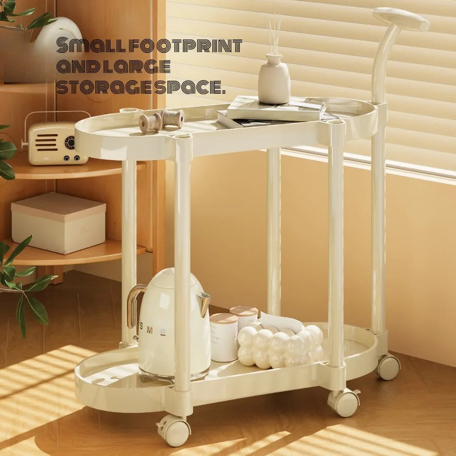 Cream Style Coffee Table Cart Creative Double-layer Snack Rack Bedroom Living Room Mobile Side Table Bedside Table Storage Rack