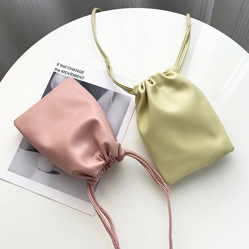 Casual Drawstring Bag Style Women Crossbody Bag Candy Color Lady Mini Bucket Bag for Mobile Phone Female Shoulder Purse Wallet