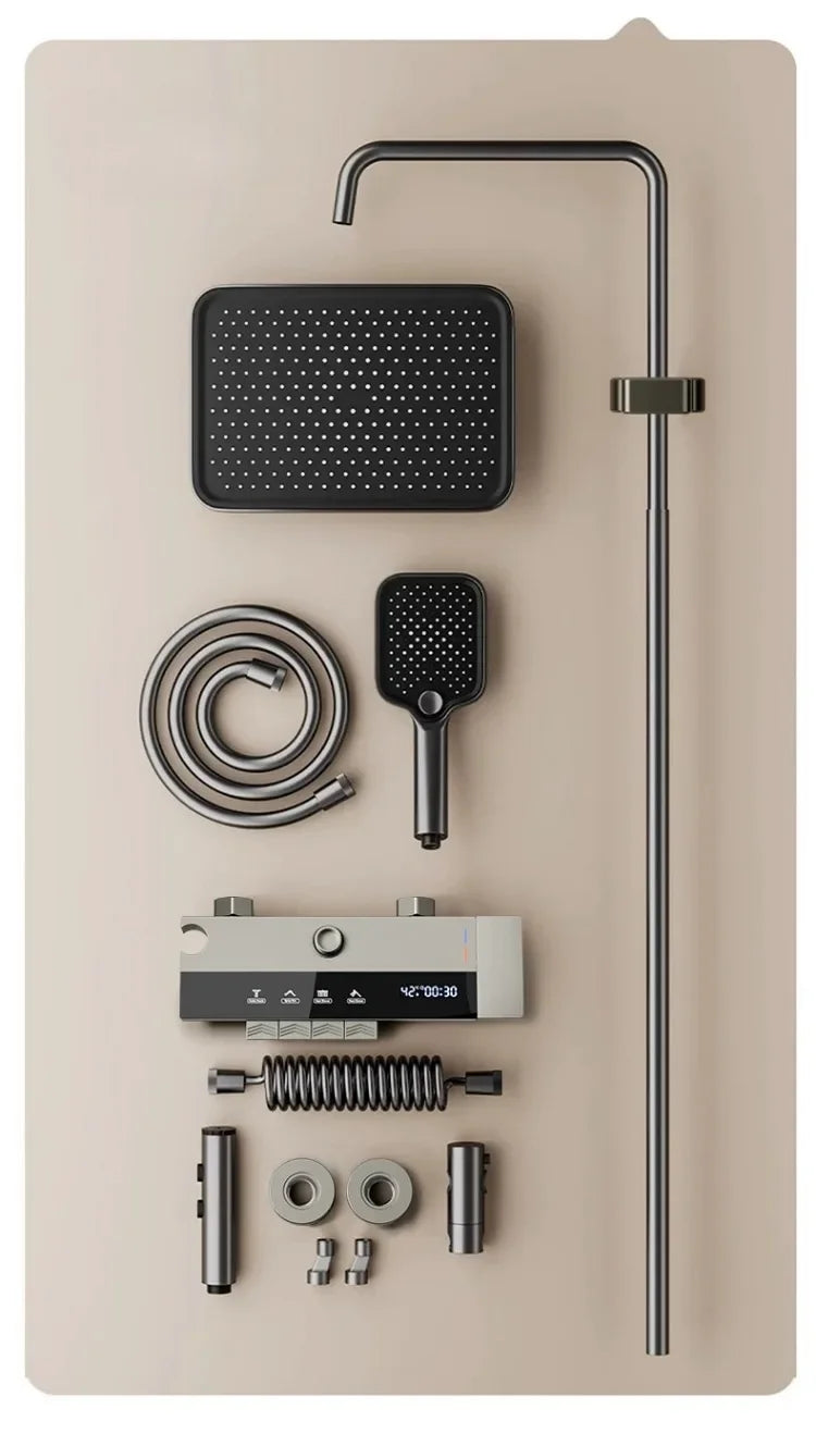 Grey shower Set Four-Function Smart Digital Display  Shower System Rainfall Pressurized Wall-mounted Piano Key Shower Faucet Set