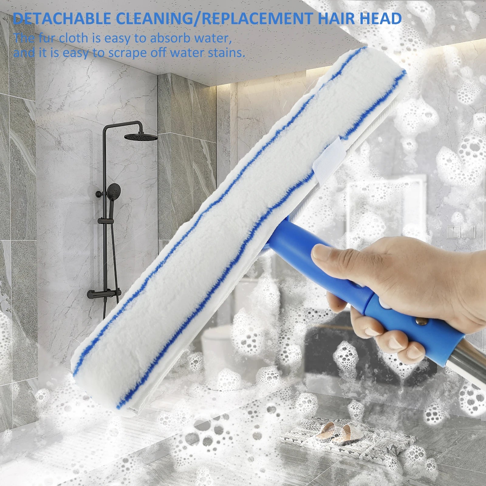3 in 1 Glass Brush Windows Cleaner Squeegee with 53in Long Hand Professional Household Window Water Stain Cleaning Tool for Bath