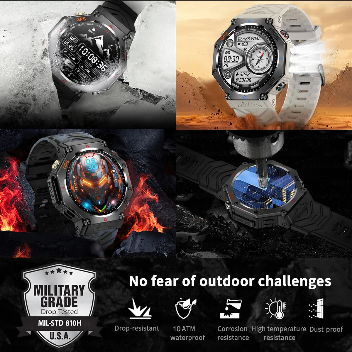 Military Smart Watch T-Rex 3 Bulit-in GPS Compass Altimeter Barometric 10ATM IP69K Waterproof AMOLED Bluetooth Call Smart watch