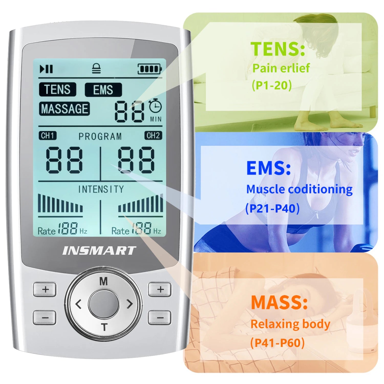 INSMART TENS 60 Modes Tens Muscle Stimulator Shoulder Neck Massage Relax Body Massager EMS Digital Therapy Slimming Machine