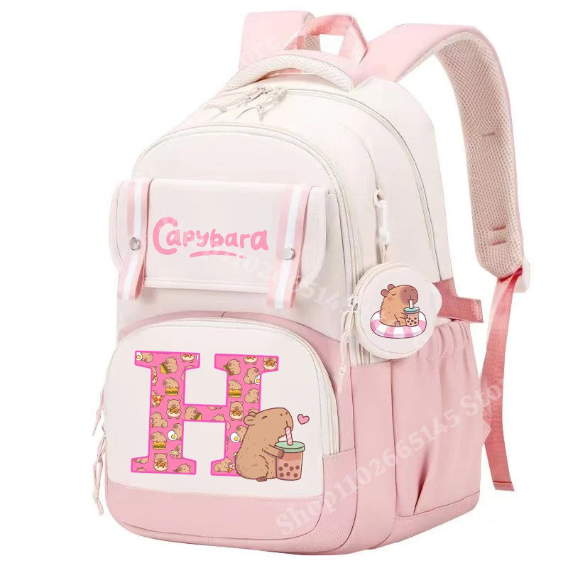 Capibara Cute Backpack Girl Anime Capybara Letter A-Z School Bags Kids Outdoor Sport Shoulders Bag Travel Rucksack Children Gift