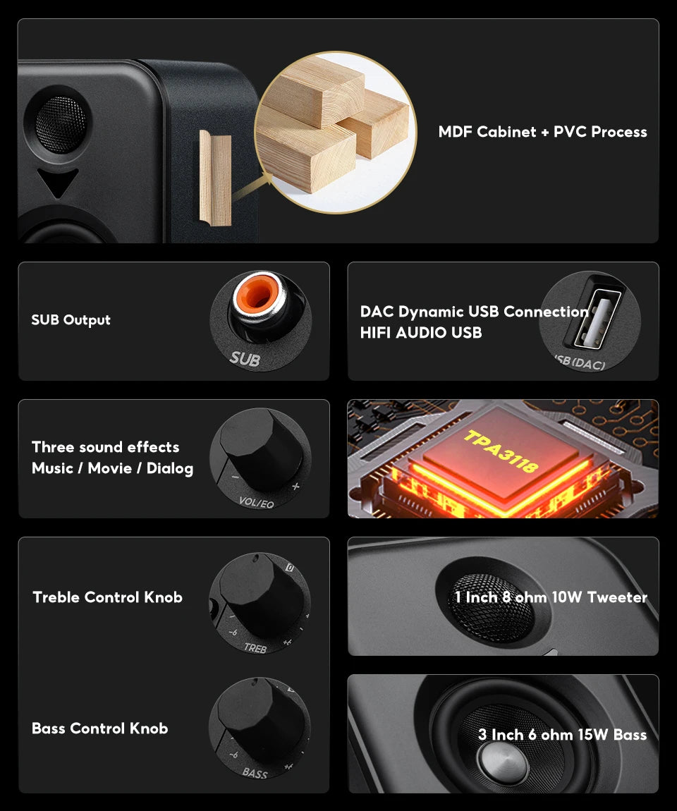 AIYIMA  Upgrade S400 Audio Bookshelf Active Speakers Studio Monitor 3 Inch Bluetooth USB DAC HiFi Home Subwoofer System TV PC